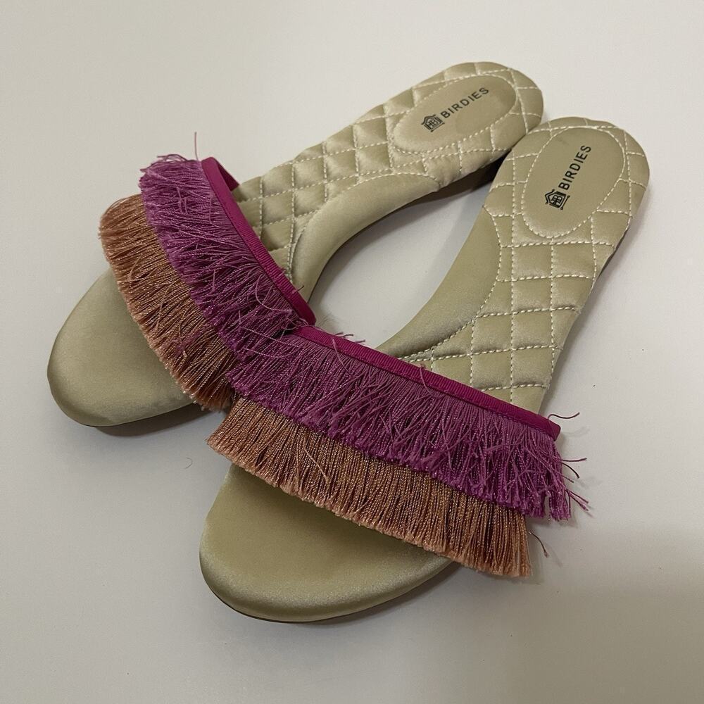 Birdies The Sparrow Sandal in Sangria Pink Orange fringe slip on quilted US 7.5
